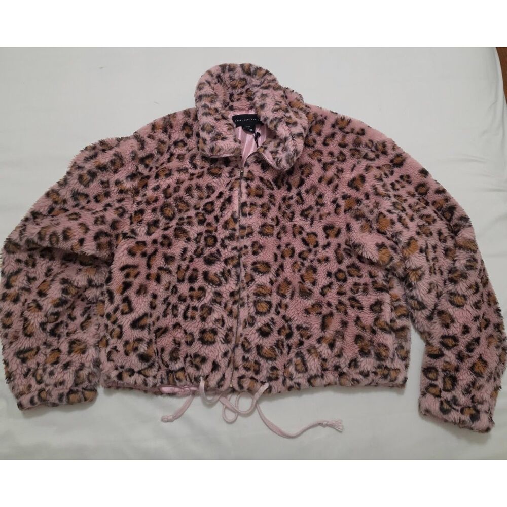 V.S. PINK "Know One Cares" Leopard Print Faux Fur Pink Semi-Cropped jacket LG
